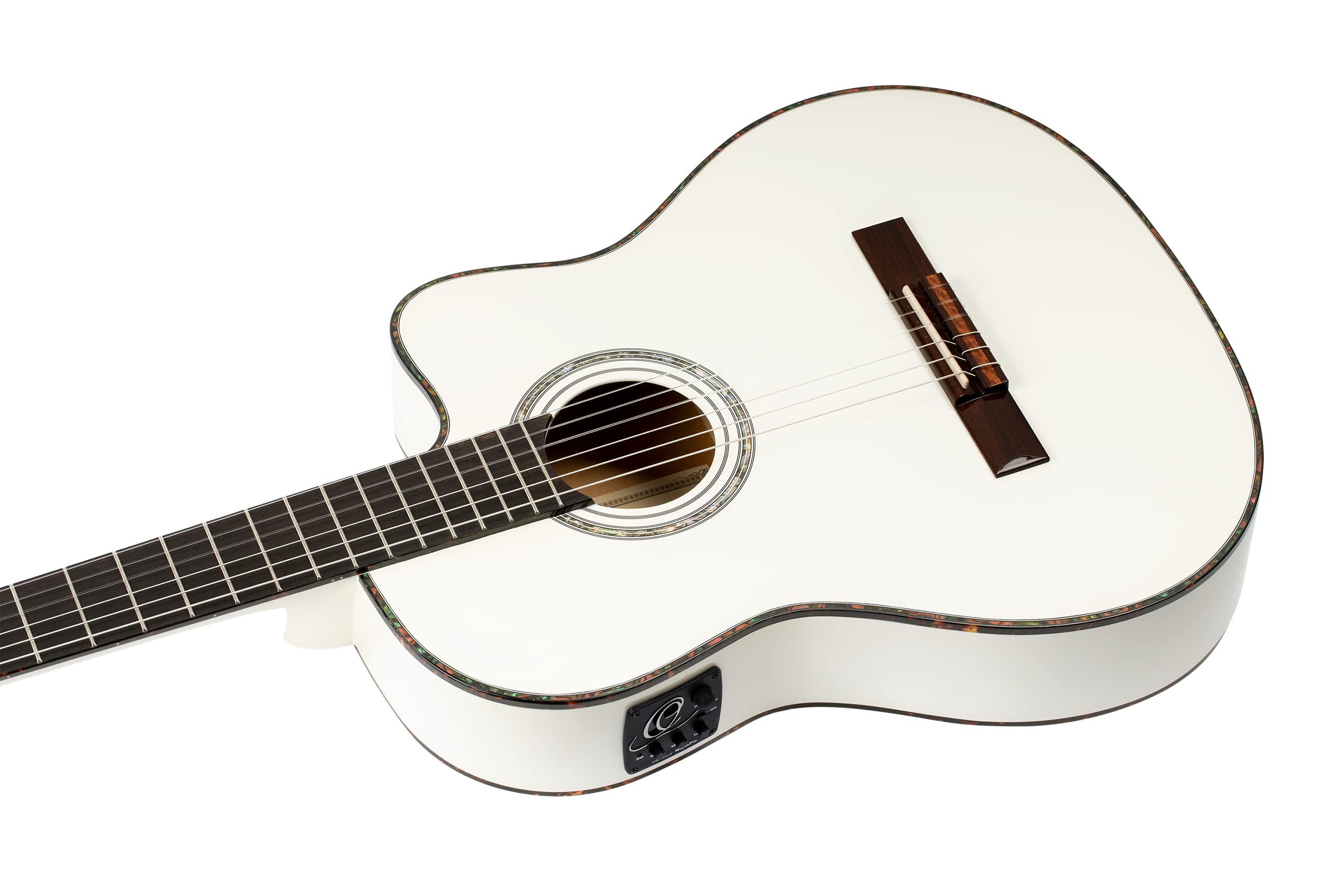 ortega-guitars-rce145wh-chitarra-classica-elettrificata-4-4-cutaway-bianca image 3