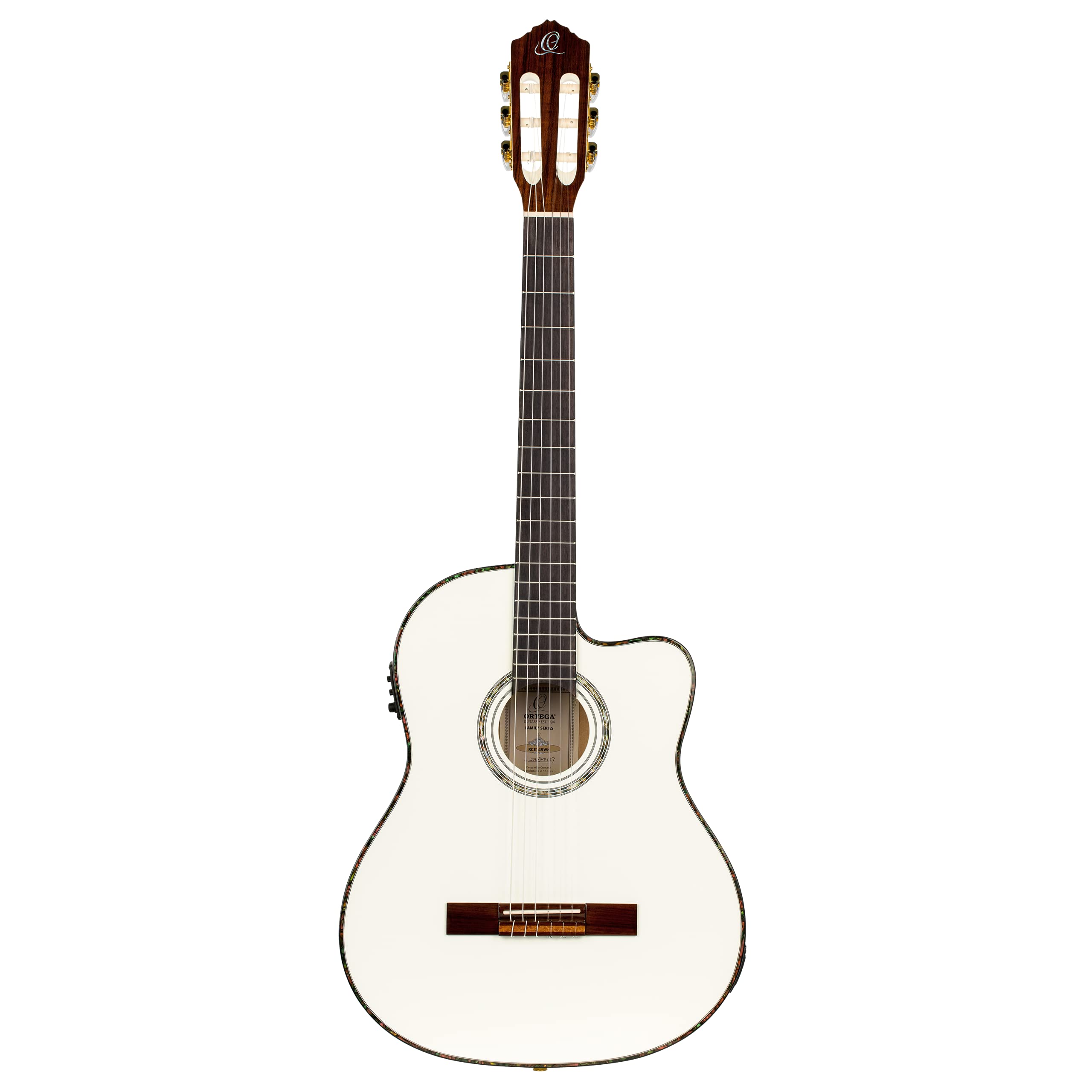 ortega-guitars-rce145wh-chitarra-classica-elettrificata-4-4-cutaway-bianca image 2